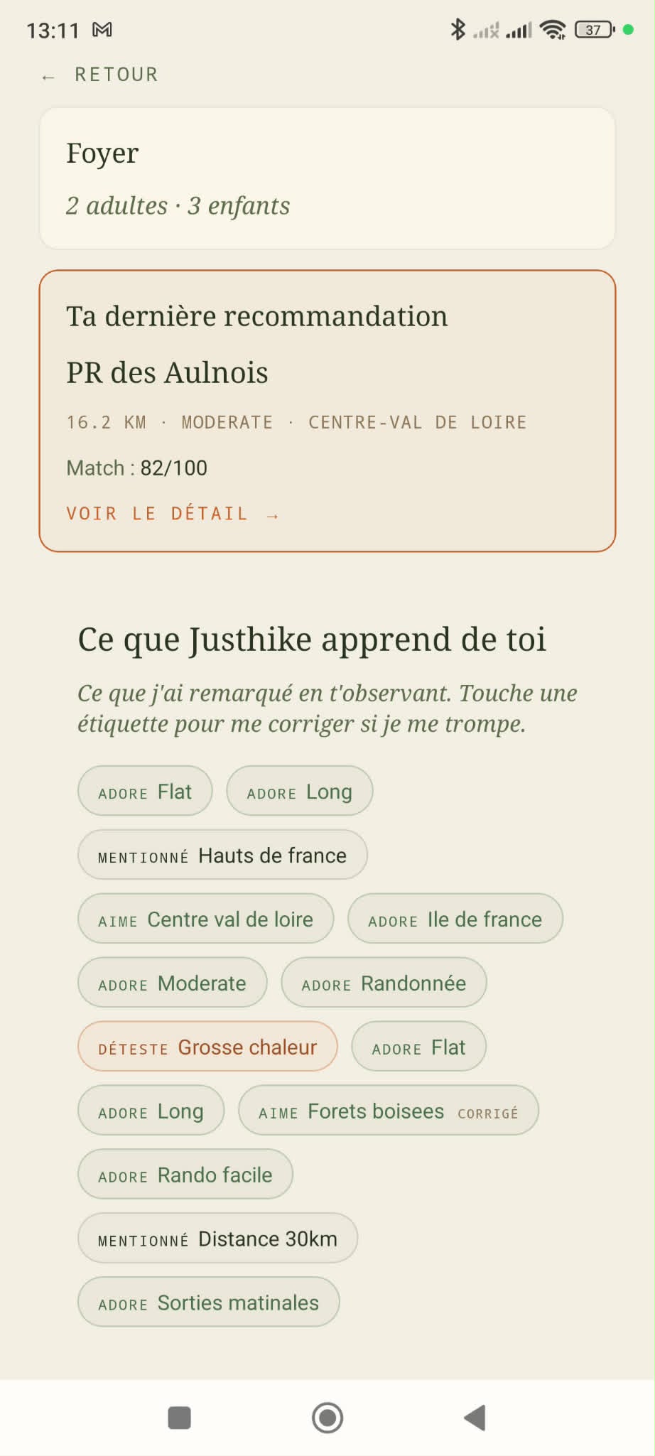 Préférences apprises et modifiables dans l’application Justhike